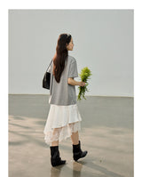 Asymmetric Lace Mix Silk Midi Skirt