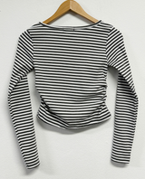 FLEECE❤SIDE SHIRRING STRIPE CROPPED LONG SLEEVE T SHIRT 🧸🤎🩶🩵3COLOR