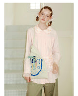 UnsocialNight2025 Autumn New Polka Dot Pleated Stitching Pink Doll Collar Loose Long-sleeved Shirt
