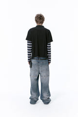 (BASE) LAYERED STRIPE POLO L/S TEE (NAVY)