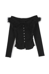 Leaf fur off-shoulder knit