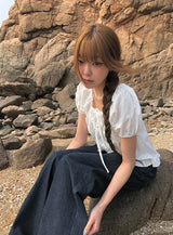 Beson Lace Button Ribbon Frill Blouse