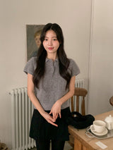 #ヘアリーアンゴラカラーハーフボタン半袖ニット (4color)