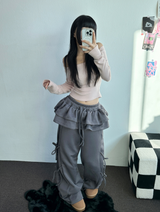 FLEECE PICKABLE❤RIBBON CANCAN BOOTSCUT WIDE 2 STYTLE PANTS🖤🩶🤎💛5COLOR