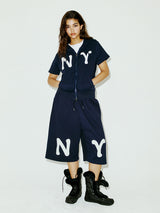 NY APLIQUE SS HOOD ZIP UP NAVY