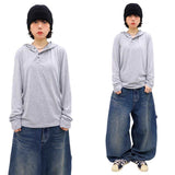 ベーシックヘンリーネックフード付き長袖Tシャツ