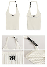 ホルターネックバックルリブノースリーブTシャツ