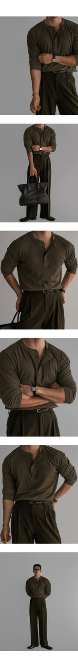 パターンマッスルヘンリーネックニットTシャツ [Khaki]