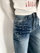 Rivet eyelet punching washed wide denim pants (Denim)
