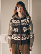 VINTAGE FLOWER KNIT ZIP UP BROWN