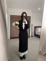 Quiet Bow Ribbon Trim Contrast Knit Long Sleeve Top
