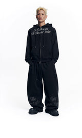Lettering Embroidered Hoodie Zip-Up - Black