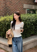 Lua Shirring Lace Frill Rib T-Shirt (4color)