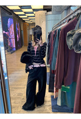 Pink strap striped striped long-sleeved t-shirt