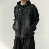 Spot Vintage Damage Crack Denim Hooded Zip-Up Jacket