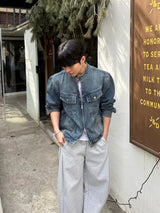 With denim biker jacket