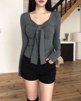 Hina Shirring Tie Ribbon Long Sleeve