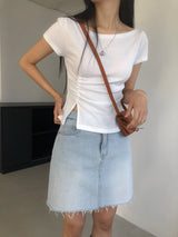 ビネンウィメンズボートネックシャードスリット半袖Tシャツ