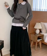 Round collar striped frill T-shirt