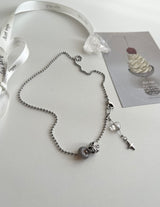 yio Gray gemstone heart Rondell star Surgical two way y Beads Bold Choker Short Layered Necklace