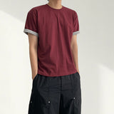 クリーカラーブロックレイヤードロールアップ半袖Tシャツ (8 colors)
