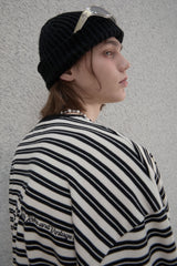 ストライプヘンリーネックTシャツ - Black