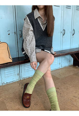 French checkered pocket loose fit long-sleeved shirt