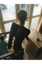 Back White Bow Long Sleeve Knit T-shirt
