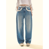 [GirlyFancyClub] Women's Lyocell Fiber Soft and Comfortable Lace Patch Retro Washed Blue Jeans