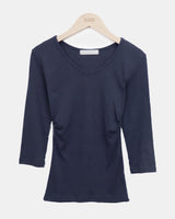 Nilon V-Neck Side-Shirring 7-Sleeve T-Shirt