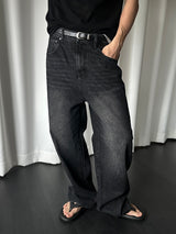 Basic half banding wide denim pants(Black)