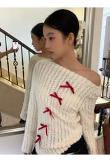 Red bow off-shoulder long-sleeved knitwear