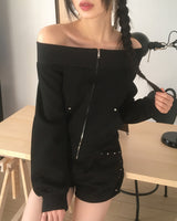 Potic Rivet Pocket Sweat Off-Shoulder Zip-Up
