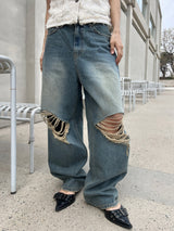 [OOTJ ITEM] ルステッドウィークデストロイドワイドルーズフィットロングデニムパンツ (Denim)