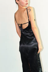 COWL NECK SHIRRING SATIN MIDI DRESS / BLACK