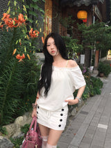 ヴィンテージ ボタン オフショルダーTシャツ