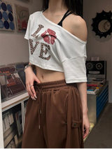リップオフショルダー半袖Tシャツ(2color)