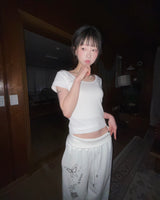 (2color) Flower Layered U-Neck Crop Half Sleeve Tee