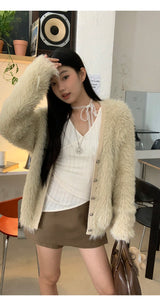 Pearl V-neck loose fit fur cardigan