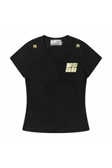 プレイドVネックパッチスリムTシャツ