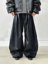 RELABELスペーシャル リレーションズ (Pleated)PUレザー パッチワーク ハイウエスト ウエストシェイプ ワイド ワークパンツ