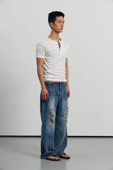 Tin washed damage flare denim pants(Blue)