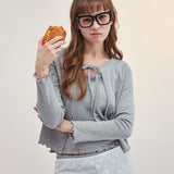 RIBBON PUNCHING CARDIGAN_GRAY