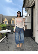 Pocket Embroidery Straight Long Denim Pants