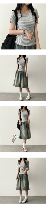 New Ring waistband vintage washed denim Bermuda shorts