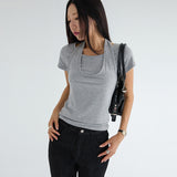 [Royen] Halter-Neck Layered Short-Sleeve T-Shirt - 3 Colors