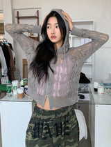 NET SEE-THROUGH KNIT HOOD ZIP-UP