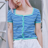 SQUARE NECK STRIPE CARDIGAN