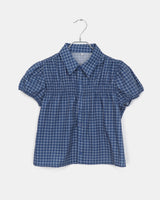 Leahue Checkered Shirring Banding Puff Short-Sleeved Blouse