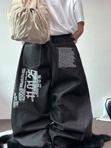 レタリングインディゴローステッチワイドバルーンタトゥープリントデニムロングパンツ 🩵🖤 - 2 カラーズ